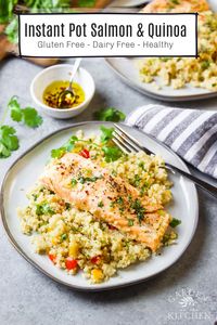 Easy, simple and healthy Instant Pot Salmon and Quinoa meal made with few ingredients and only two minutes under pressure.