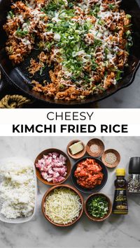 A fast and easy recipe that can be made in 15-minutes: Cheesy Kimchi Fried Rice! Also called Kimchi Bokkeumbap, this versatile Korean dish is made extra special with a generous sprinkle of mozzarella cheese. Spicy kimchi and little cubes of pork butt make leftover rice such a delicious and simple meal!