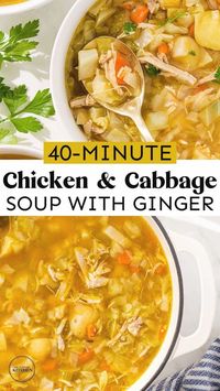 The best chicken and cabbage soup recipe you'll ever try! Add this to your Winter soups and stew recipe ideas for some cold weather comfort food. This Chicken and Cabbage soup is a savory combination of chicken thighs, potatoes, vegetables, ginger, garlic, and spices. With just a dash of champagne vinegar, this recipe is lively, filling, and extremely delicious! Yummy chicken and cabbage soup with ginger for a healthy soup recipe to make on a cold night.