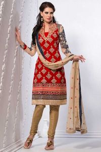 #AndaazFashion - #Red Velvet Shimmer Churidar Suit and Dupatta - DMV13768