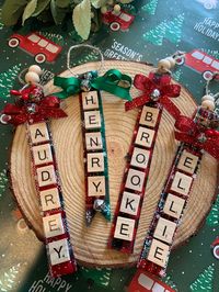 This ornament is made with scrabble letters and can be personalized with any name or wording. After placing your order send me a message with the name(s)/wording ( up to 13 characters) you would like separated by a comma or spaces please!