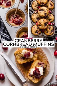 Festive Swirled Cranberry Cornbread Muffins are here to jazz up your Thanksgiving table! Fluffy & moist cornbread muffins are swirled with cranberry sauce, giving them the perfect balance of savory & sweet. With less than 10 ingredients required, these cranberry corn muffins are just as easy to make as they are impressive to serve. A great side dish for Thanksgiving or Christmas! #cornbreadmuffins #cornbreadrecipe #cranberryrecipes #Thanksgivingsidedish #thanksgivingrecipes #holidaycooking