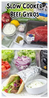 A chuck roast is slow-cooked to a tender, flavorful perfection for the best-tasting slow cooker beef gyros. Topped with traditional veggies and packed into soft pita bread, these gyros will become a new family favorite. Don't forget to pair it with a side of creamy tzatziki sauce. - The Magical Slow Cooker