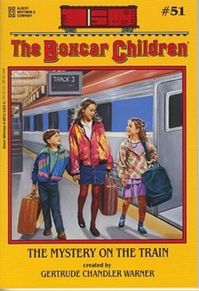 "The Mystery on the Train" by Gertrude Chandler Warner - Henry, Jessie, Violet, and Benny are on a train from Boston to San Francisco. Even though they used to live in a boxcar, this is the first time they've ridden a real, moving train.And they find a mystery to solve even before they leave the station. Is someone trying to steal a young woman's portfolio? What's in the portfolio, anyway? (The Boxcar Children #51)