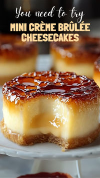 A delightful fusion of two classic desserts, these Mini Crème Brûlée Cheesecakes combine the creamy richness of cheesecake with the caramelized crunch of crème brûlée. Perfect for parties, dinner dates, or simply indulging yourself, these mini treats are sure to impress!