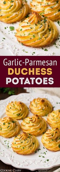 Duchess Potatoes with Garlic and Parmesan Cheese are the perfect fancy appetizer! They have incredible flavor and they're much easier to make than you'd think. These little luxurious, buttery clouds of mashed potatoes with perfectly browned edges will leave people dreaming about them! #duchesspotatoes #potatoes #recipe #sidedish #thanksgiving #christmas