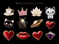 Available on Adobe Stock. Highest resolution: 8800х5800. Beauty enamel pins icons set. Social media feminine metallic pins - heart, jewelry bug, makeup lips, cute kitten pins, coffee cup, elegant lotus flower, premium pink crown