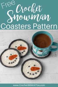 Adorable crochet snowman coasters are fun and fast to crochet! #snowmancoasters #crochetsnowman #crochet365knittoo