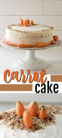 This 2-tiered carrot cake has cinnamon, vanilla, and finely shredded carrots, topped with smooth and sweet homemade cream cheese frosting. #carrotcake #easter #easterdessert #easterrecipes #cake #cakerecipes #creamcheesefrosting