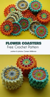 Flower Coasters Free Crochet Pattern #freecrochetpatterns #crochetcoasters #crochetpatterns