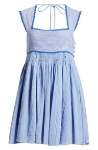 A lacy bodice gives way to a twirlable skirt in a cotton minidress that's ready for the sunny season. 24" length (size Small) Ties at neck Square neck Cap sleeves 100% cotton Machine wash, line dry Imported