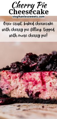 This cherry cheesecake has cherry pie topping in the batter and extra on top! It is on an Oreo crust. It is the perfect dessert for cherry pie fans!