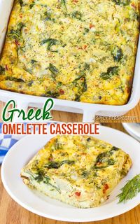 Low Carb Greek Omelette Casserole - A fluffy breakfast omelet recipe loaded with the bold flavors of sun dried tomatoes, feta cheese, spinach, garlic, and herbs. #ASpicyPerspective