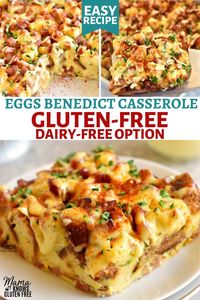 An easy recipe for Gluten-Free Eggs Benedict Casserole. All of the flavors you love from Eggs Benedict in an easy overnight breakfast casserole topped with hollandaise sauce. This Eggs Benedict Casserole also has a dairy-free option. #glutenfreerecipe #dairyfree