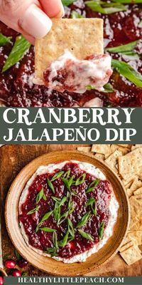 This 10-minute cranberry jalapeno dip is made with simple ingredients and is bursting with flavor. A creamy, spicy dairy free cream cheese mixture topped with sweet and tangy cranberry sauce. Delicious seasonal flavors make this throw-together appetizer perfect for any occasion.