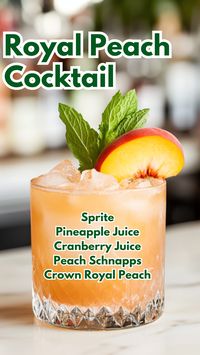 The Royal Peach Cocktail is a delightful fusion of sweet and fruity flavors, featuring the smooth notes of Crown Royal Peach and peach schnapps. Complemented by cranberry and pineapple juices and topped with a splash of Sprite, this cocktail is a refreshing treat perfect for any occasion, especially those warm summer evenings.  #royalpeachcocktail #peachcocktails via @mybartender