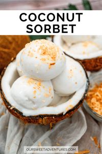 My creamy Coconut Sorbet is a vegan and dairy-free frozen dessert perfect for a hot summer day to make you feel you are on a tropical island. It is easy, quick, and tastes so good, you will not want to buy sorbet at the store again! #Sorbet | Coconut Sorbet | Dairy Free Dessert | Easy Recipes | Frozen Dessert | Summer Dessert |