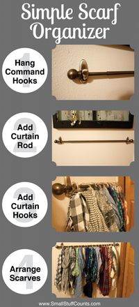 I love this idea from a friend and former roommate of mine! Thanks Emily! Super simple and quick scarf organizer - 1 hour and $20