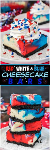 Red, White and Blue Cheesecake Bars - swirls of colors make a fun fireworks patter on these vanilla cheesecake bars! Easy recipe to share at 4th of July parties or picnics this summer!