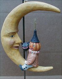 Bethany Lowe Halloween Crescent Moon with Pumpkin Man Primitive Folk Art Figure | eBay