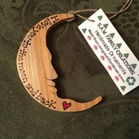 Handmade wooden ornament made from a recycled Christmas tree Moon