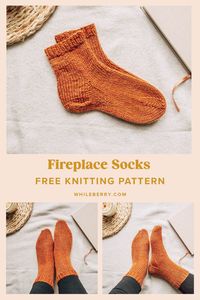 Get  the simple cozy sock knitting pattern and enjoy some winter knitting!  These warm worsted socks will be a great knitting project for your first  sock pair. Use circular needles and magic loop technique and worsted  weight yarn to hand knit your socks. Find this free easy sock knitting  pattern at whileberry.com