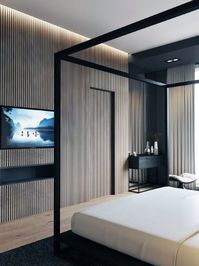 Sleek Wood Wall Ideas In Master Bedroom With Led Ceiling