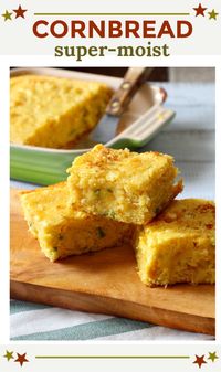 You'd almost swear there was pudding in this moist cornbread recipe. With jalapenos and cheese. Sweet with corn.  Homemade and rich with buttermilk. A Southern recipe with a Mexican Twist.  #moist #cornbread #recipe #homemade via @lannisam