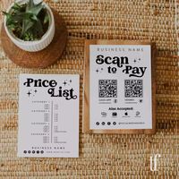 Includes BOTH a Price Sheet & Scan to Pay sign templates! 8"W x 10"H and 5"W x 7"H included This Pricing sheet and Acceptable Payments sign template is perfect for Hair Salons, Hairdressers, Beauty Salons, Spas, Bakeries, and more! Works great as a custom menu design and provides an easy way for your customers to pay with Paypal, Venmo, Cashapp, credit cards, etc.Purchase, print, frame and display the sign for customers to scan and instantly pay for products or services. To add your Venmo or pay