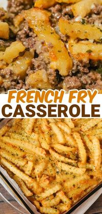 French Fry Casserole is a hearty ground beef casserole made with cream of mushroom soup, cheddar soup, diced onions, green peppers and shredded cheese all topped with crinkle cut fries.