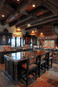 dark and moody Mexican Hacienda Kitchenin black and red