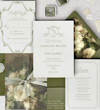 Digitally Printed Wedding Invitation Suite on 130# Textured Cotton Card with Delicate Botanical Illustration and Monogram Crest. Announce your wedding date with our Unique Wedding Invitation Suite. Each card is designed to give your guests a glimpse of what to expect on your big day. What is included: 2 PIECE SUITE -Digitally Printed Invitation Card printed on 130# Cotton Card (5" x 7") -A7 Envelope In your choice of color 3 PIECE SUITE -Digitally Printed Invitation Card printed on 130# Cotton C