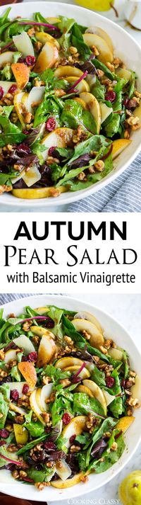 This flavorful Pear Salad will easily become a favorite fall recipe! It's layered with tender spring greens, sweet juicy pears, crunchy candied walnuts, salty rich parmesan and a tangy balsamic vinaigrette. A highlight of any meal! #pearsalad #pearrecipes #fall #salad #thanksgiving