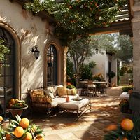 Discover the charm of a Spanish-style patio, featuring terracotta tiles that bask in warm sunlight, and lush orange trees adorned with ripe fruits. This Mediterranean terrace, part of an old villa, combines ornate lighting and vintage furniture for an inviting and luxurious outdoor space. Perfect for leisure and relaxation, enjoy the view through an arched doorway, leading into the home.