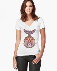 Owl and Lion Head llustration T-Shirt Fitted V-Neck T-Shirt