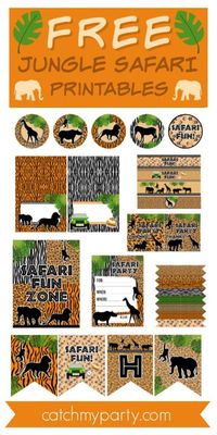 Jungle safari parties are all the craze right now. Everywhere you look there's a  jungle safari themed baby shower or wild one 1st birthday party on CatchMyParty. This is why I'm so excited about sharing these awesome FREE jungle safari printables for you to use to decorate your parties with. The design is so cool with animal prints and silhouette wild animals, such as lions, hippos, and giraffes. Just what you need for a fantastic jungle safari party! See more party ideas and share yours at Cat