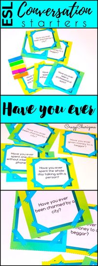 ESL Conversation Cards Have you ever? $ packet contains 40 pages with cards. Find inside 120 questions to engage students in discussion of different ESL topics. All the cards are designed to practice Present Perfect "Have you ever?" questions with Pre-Intermediate to Advanced students. | CrazyCharizma at https://www.teacherspayteachers.com/Store/Crazycharizma