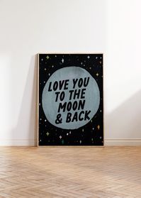 Love You to the Moon and Back art print. This colorful and modern art print would make a great addition to a kids bedroom or playroom gallery wall.  + Vivid colors + Museum quality paper and ink OUR PRINTS Museum-quality art print created with fade resistant 19pt Savoy Cotton archival paper and ink. HOW TO ORDER 1. Select Print Size from Drop Down Menu 2. Select Add to Cart 3. Select Go to Cart 4. Choose payment method MATCHING PRINT Personalized Initial Name Print https://www.etsy.com/listing/1