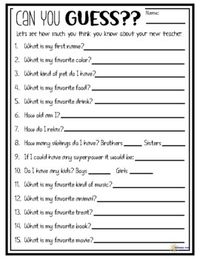 A fun, get-to-know-you activity for the first day of school, or a meet-the-teacher night. Instead of first telling the students all about you, you have them guess first. After they have fun filling in the guessing sheet, you can go through the correct answers by just telling them, making a fun powerpoint/google slides presentation, or having an answer sheet for them to compare in Centers.