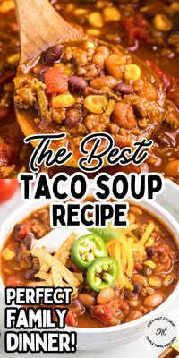 Looking for an easy family dinner? This taco soup with ground beef is full of flavor and super-easy t make on the stovetop. Save this easy dinner idea for later!