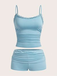 Women's Solid Color Contrast Lace Pleated Camisole Top And Shorts Sexy Two-Piece Set, Summer Blue Casual    Colorblock,Plain,Striped  High Stretch  Women Clothing, size features are:Bust: ,Length: ,Sleeve Length: