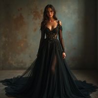 Capture the elegance of this photorealistic portrait featuring a flowing black wedding gown adorned with delicate embroidery. Set against a shadowy, atmospheric background, this image highlights a dramatic yet graceful bridal style, perfect for those seeking a blend of mystery and beauty on their special day.#BlackWeddingGown #ElegantBride #BridalEmbroidery #DarkAesthetic #MysticalWedding #WeddingDressInspiration #LuxuryBridal #CinematicBridalStyle #MoodyWedding #UniqueBridalFashion.