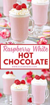 Raspberry White Hot Chocolate is a pretty pink twist on traditional hot chocolate! It's made with white chocolate and real raspberry puree, for a fresh, fruity taste that is perfect year-round! | From SugarHero.com #sugarhero #Hotchocolate #raspberry