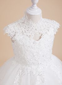 A-line High Neck Knee-Length Lace/Tulle Flower Girl Dress (010254271)