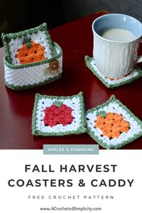 Get your fall decor ready with this cute crochet coaster set! Use simple color changes and a granny stitch square crochet coaster pattern to make crochet pumpkin coasters or apple coasters. #crochet #crochetcoasters #freecrochetcoasterpattern #fallcrochet #crochetpumpkin