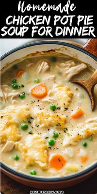 Warm up with a bowl of Chicken Pot Pie Soup, featuring tender chicken, hearty potatoes, and fresh veggies in a creamy base. A family favorite!