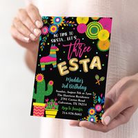 No time to siesta, let's fiesta! Perfect for a Mexican-themed celebration, this invitation features a lively design that is sure to get guests excited for the fiesta. With bright colors, cactus, colorful floral, maracas, and pinata, this invite embodies the vibrant and fun-loving spirit of Mexican culture. So why wait? Order your Three-Esta Birthday Party Invite today and get ready to fiesta like there's no mañana!