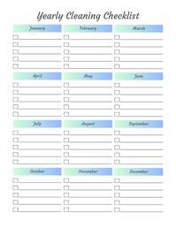 Dive into a year of cleanliness and organization with our Yearly Cleaning Checklist. This comprehensive guide is designed to help you maintain a spotless and well-organized home throughout the entire year. From seasonal deep-cleaning tasks to essential maintenance, this checklist ensures no corner is left untouched. Download, print, and make a commitment to a fresh and tidy living space.