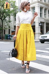 eid outfit ideas eyelet blouse yellow midi skirt