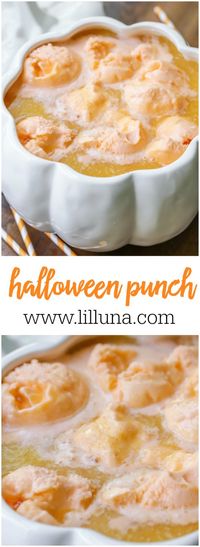 This orange sherbet punch is one of our all-time favorite Halloween drinks!! Adults and kids alike love this tasty Halloween Punch made with pineapple juice, orange juice, sprite, and orange sherbet ice cream. Try this punch bowl recipe for your next Halloween party!